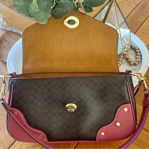 Like NEW COACH Millie Shoulder Bag Signature Leather Elegant Pink Dark Berry - Picture 14 of 16